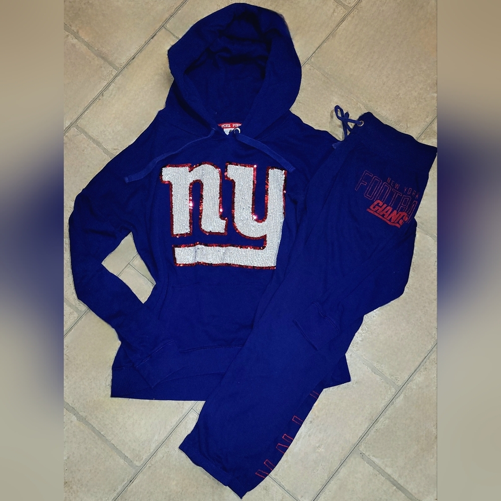Victoria's Secret PINK & NFL NY Giants Bling 2pc Sweatsuit Set Size S Oversized